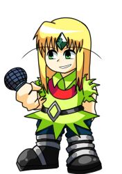 1boy belt black_boots blonde_hair boots chibi child crossover emerald_(pokemon) friday_night_funkin&#039; gem green_eyes green_gemstone green_shirt highres long_hair male_focus microphone nintendo pokemon pokemon_adventures self-upload shirt smile solo sonasan sprite_art trap