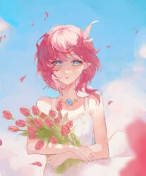 Rule 34 | 1girl, absurdres, bare shoulders, blue sky, bouquet, commentary, cyrene (honkai: star rail), dress, english commentary, falling petals, flower, highres, holding, holding bouquet, honkai: star rail, honkai (series), htt (user phhn3327), jewelry, looking at viewer, medium hair, multicolored hair, necklace, outdoors, petals, pink flower, pink hair, pink tulip, pointy ears, sky, smile, solo, tulip, two-tone hair, white dress, white hair