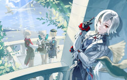2boys 2girls absurdres animal_ears argyle_bow arlecchino_(genshin_impact) bird black_eyes black_gloves black_hair black_pants black_shorts blurry blurry_foreground bow brown_pantyhose cat_ears cat_girl closed_mouth cross-shaped_pupils earrings facial_mark fingerless_gloves freminet_(genshin_impact) genshin_impact gloves hair_bow hair_over_eyes hat highres huge_bow jacket jewelry jieul_hee long_sleeves looking_at_viewer lynette_(genshin_impact) lyney_(genshin_impact) multicolored_hair multiple_boys multiple_girls pants pantyhose pantyhose_under_shorts red_pupils short_hair shorts standing star_(symbol) star_facial_mark symbol-shaped_pupils top_hat two-tone_hair white_hair white_jacket white_pantyhose white_sleeves