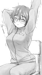 1girl arm_up blush breasts chair closed_eyes facing_viewer glasses highres jacket jersey large_breasts monochrome ooshiro_youkou original sitting stretching track_jacket track_suit trembling
