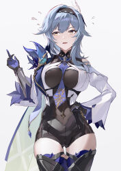 1girl absurdres black_gloves black_hairband black_leotard blue_cape blue_hair blue_necktie breasts cape clothing_cutout commentary_request cowboy_shot eula_(genshin_impact) facing_viewer genshin_impact gloves hairband hand_on_own_hip high-waist_shorts highres index_finger_raised large_breasts leotard long_hair long_sleeves looking_to_the_side necktie open_mouth refa shorts shoulder_cutout solo yellow_eyes