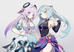 2girls absurdres armlet armpit_crease bare_shoulders blue_eyes blue_hair bracelet breasts center_opening chinese_commentary citlali_(genshin_impact) closed_mouth cosplay costume_switch dailyc-cat detached_collar detached_sleeves dress facial_mark faruzan_(genshin_impact) genshin_impact gradient_background gradient_hair green_eyes grey_background hair_between_eyes hair_ornament hand_on_own_hip hand_up headpiece highres jewelry long_sleeves looking_to_the_side multicolored_eyes multicolored_hair multiple_girls pink_hair purple_nails purple_pupils shade short_shorts short_sleeves shorts sideboob simple_background sleeveless standing thighs twintails upper_body yuri