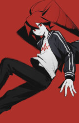 1girl black_jacket black_pants closed_mouth drill_hair hai_(haihki) hair_between_eyes highres jacket kasane_teto long_hair long_sleeves looking_at_viewer open_clothes open_jacket pants red_background red_eyes red_hair shirt solo synthesizer_v t-shirt twin_drills ultra_trailer_(synthesizer_v) very_long_hair white_shirt