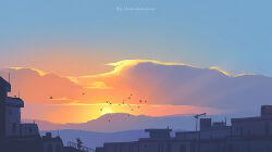 artist_name bird blue_sky building cloud gradient_sky huhv. no_humans original outdoors power_lines scenery silhouette sky sun sunset utility_pole