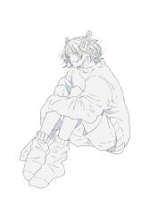 Rule 34 | 1boy, alternate costume, commentary, double bun, full body, hair bun, highres, jujutsu kaisen, kashimo hajime, loose socks, male focus, monochrome, rippetickler, short hair, shorts, simple background, sitting, socks, solo, sweater, symbol-only commentary, white background