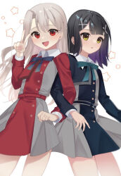 2girls :d akaneko016 animal_ears belt black_hair blue_belt blue_bow blue_bowtie blue_dress bow bowtie commentary_request cosplay dress fate/kaleid_liner_prisma_illya fate_(series) green_bow green_bowtie grey_dress grey_hair hair_ornament illyasviel_von_einzbern illya_(princess_connect!) inoue_takina inoue_takina_(cosplay) locked_arms looking_at_viewer lycoris_recoil lycoris_uniform multiple_girls nishikigi_chisato nishikigi_chisato_(cosplay) open_mouth pleated_dress rabbit_ears red_belt red_dress shirt smile two-tone_dress v white_shirt x_hair_ornament yellow_eyes
