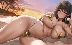 1girl absurdres beach bikini breasts cleavage closed_mouth commentary_request female_pubic_hair gold_bikini gradient_sky head_rest highleg highleg_bikini highres jack_dempa large_breasts long_hair looking_at_viewer lying micro_bikini navel on_side original outdoors paid_reward_available palm_tree pubic_hair pubic_hair_peek seductive_smile sky smile solo sunset swimsuit thong_bikini tree unaligned_breasts