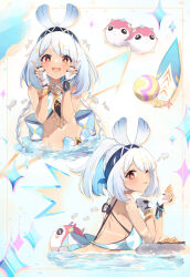 1girl :d ;p alternate_hair_length alternate_hairstyle bare_shoulders black_gloves blue_hairband blush braid breasts commentary crop_top double_v elphe fingerless_gloves from_side genshin_impact gloves hairband highres long_hair looking_at_viewer medium_breasts medium_hair mualani_(genshin_impact) multiple_views navel one_eye_closed open_mouth partially_submerged ponytail red_eyes smile star_(symbol) stomach symbol-shaped_pupils tongue tongue_out v very_long_hair water white_gloves white_hair