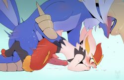 2boys ass blush cinderace creatures_(company) furry furry_male furry_with_furry game_freak gen_5_pokemon gen_8_pokemon highres large_penis male_focus multiple_boys nintendo non-web_source penis penis_size_difference pokemon pokemon_(creature) red_eyes samurott small_penis sweat tenebscuro trap yaoi