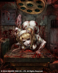 1girl all_fours ass bad_id bad_pixiv_id black_lips black_sclera blonde_hair blood blood_on_clothes blood_on_face colored_sclera colored_skin deadman&#039;s_cross deep_wound dress evil_smile female_focus guro hat injury intravenous_drip isaroishin lipstick looking_at_viewer makeup nurse nurse_(deadman&#039;s_cross) nurse_cap official_art open_mouth red_eyes rust scalpel short_dress short_sleeves skin_tight smile solo tongue tongue_out top-down_bottom-up white_dress white_skin worm zombie
