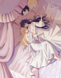 :d absurdres ayase_eli back_bow barefoot bed blank_eyes blonde_hair blue_hair blurry blurry_foreground blush_stickers bow canopy_bed character_doll closed_eyes closed_mouth dated double-parted_bangs dress frilled_dress frills from_above full_body hair_down hand_on_another&#039;s_arm head_on_pillow heads_together high_collar highres long_dress long_hair love_live! love_live!_school_idol_project lying off_shoulder on_back on_bed on_side open_mouth parted_bangs pillow signature sleeping sleeping_together sleeveless sleeveless_dress smile sonoda_umi three-quarter_sleeves v-shaped_eyebrows very_long_hair white_dress wide_sleeves yudong_rin yuri