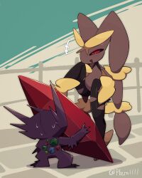 +++ 1girl 1other a-nya arm_up artist_name black_pantyhose black_sclera blue_gemstone blush body_fur brown_fur colored_sclera colored_skin crotchless crotchless_pantyhose demon facing_away fence full_body furry furry_female gem gen_3_pokemon gen_4_pokemon green_gemstone half-closed_eyes hand_on_own_hip hand_to_own_mouth hand_up happy height_difference highres holding holding_gem leg_up long_ears looking_at_another looking_down lopunny mega_lopunny mega_pokemon mega_sableye nervous_sweating nintendo open_mouth pantyhose path pokemon pokemon_(creature) purple_skin rabbit_ears rabbit_girl red_eyes red_gemstone road sableye sideways_mouth signature smile standing sweat torn_clothes torn_pantyhose twitter_username two-tone_fur yellow_fur yellow_gemstone