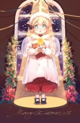 1girl :o aged_down altar angel_wings black_shoes blonde_hair blue_eyes brown_background candle christmas dress english_text feathered_wings full_body fur-trimmed_collar fur_trim g36_(girls&#039;_frontline) g36_(mini_maid)_(girls&#039;_frontline) girls&#039;_frontline hair_ribbon hat headscarf highres imoko_(imonatsuki) long_sleeves maid_headdress mary_janes merry_christmas mistletoe red_skirt ribbon robe shoes skirt snowing solo spotlight standing upper_body white_dress white_hat window wings