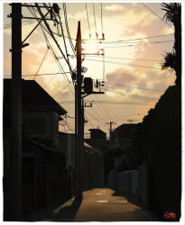 building cloud cloudy_sky evening furumiya-underson highres house no_humans original outdoors power_lines scenery sky sunset tree urban utility_pole