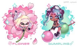 Rule 34 | 2girls, aqua eyes, aqua hair, artist name, bare shoulders, black footwear, black gloves, black shirt, blonde hair, boots, breasts, cephalopod eyes, chibi, chibi only, cleavage, closed eyes, commentary request, crop top, crown, dango, dark-skinned female, dark skin, dress, fingerless gloves, flower, food, full body, furrowed brow, gloves, gradient hair, grey shorts, headphones, horizontal pupils, inkling, iria (yumeirokingyo), leg up, long hair, lying, marina (off the hook outfit) (splatoon), marina (splatoon), medium hair, midriff, mini person, minigirl, mole, mole under mouth, multicolored hair, multiple girls, nintendo, octoling, on flower, on stomach, open hands, open mouth, pantyhose, parted bangs, pearl (off the hook outfit) (splatoon), pearl (splatoon), pink flower, pink hair, pink pantyhose, purple hair, sanshoku dango, shirt, shorts, simple background, sitting on food, smile, splatoon (series), splatoon 2, tentacle hair, thick eyebrows, two-tone hair, wagashi, white background, white crown, white dress, white footwear, zipper, zipper pull tab