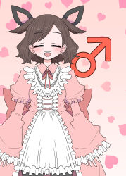 1boy brown_hair closed_eyes commentary_request cowboy_shot crossdressing dress heart heart_background highres juliet_sleeves long_sleeves male_focus mars_symbol medium_hair mochi_au_lait open_mouth original pink_dress puffy_sleeves sleeves_past_wrists smile solo trap two_side_up