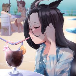 01_leesuke 3girls alternate_costume alternate_hairstyle animal_ears bikini black_hair blurry blurry_background blush brown_hair chair closed_eyes crazy_straw cup dantsu_flame_(umamusume) day drink drinking_straw flower food forehead fruit hair_flower hair_ornament heart_straw highres horse_ears horse_girl horse_tail jewelry jungle_pocket_(umamusume) long_hair long_sleeves looking_at_another manhattan_cafe_(umamusume) medium_hair multiple_girls nervous nose_blush on_chair orange_(fruit) orange_slice outdoors parted_lips pendant raised_inner_eyebrows see-through_clothes sitting solo_focus sparkle sweat swimsuit table tail trembling umamusume wide-eyed