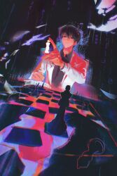 1boy aura black_eyes black_hair black_shirt board_game chess chess_piece chessboard closed_mouth hair_between_eyes highres holding holding_chess_piece index_finger_raised jacket kim_dokja long_sleeves omniscient_reader&#039;s_viewpoint sberrymacchiato shirt short_hair solo upper_body white_jacket