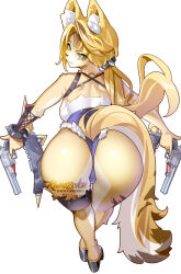 1girl animal_ear_fluff animal_ears ass cat_ears cat_girl cat_tail closed_mouth commentary denim denim_shorts dual_wielding english_commentary furry furry_female green_eyes gun handgun highres holding holding_gun holding_weapon hot_vr looking_at_viewer looking_back pulchra_fellini revolver shorts simple_background solo subscribestar_username tail weapon white_background zenless_zone_zero