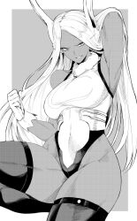 Rule 34 | 1girl, animal ears, boku no hero academia, breasts, gloves, greyscale, hand in own hair, highres, large breasts, leg up, long hair, looking at viewer, mirko, monochrome, parted lips, rabbit ears, simple background, smile, solo, teeth, thighhighs, ulularts