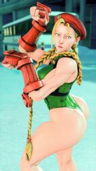 1girl 3d antenna_hair bare_shoulders blonde_hair blue_eyes braid breasts cammy_white covered_navel curvy gloves green_leotard hat highleg highleg_leotard highres leotard lips long_hair looking_at_viewer medium_breasts paw_pose red_gloves red_hat ryona screencap shiny_clothes skindentation solo street_fighter street_fighter_v thighs third-party_edit thong_leotard twin_braids very_long_hair wide_hips