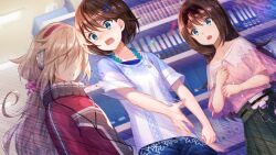 3girls angry blonde_hair blood blood_from_mouth blue_shirt blue_shorts blush bob_cut bookshelf brown_hair bruise bruise_on_face cable clenched_hand clenched_teeth collarbone covered_eyes cowboy_shot d: dutch_angle floral_print floral_print_skirt game_cg green_skirt hair_ornament hair_over_eyes hairclip headphones indoors injury jacket long_hair looking_at_another mugendo_saki multiple_girls non-web_source nose_blush office official_art open_mouth otori_ai pink_shirt pleated_skirt print_skirt red_jacket shirt short_hair short_sleeves shorts skirt slapping smear_frame tearing_up teeth track_jacket v-shaped_eyebrows yanagiya_kokoro yumeutsutsu_re:master