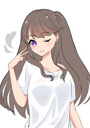 1girl ;) absurdres alternate_costume breasts brown_hair closed_mouth collarbone commentary_request corocoro567 fujishima_megumi heart highres inward_v large_breasts link!_like!_love_live! looking_at_viewer love_live! one_eye_closed purple_eyes shirt short_sleeves simple_background single_bare_shoulder single_off_shoulder smile solo upper_body v virtual_youtuber wet wet_clothes wet_shirt white_background white_shirt