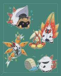 +++ absurdres animal_focus blaziken border butterfly_sitting closed_eyes commentary creatures_(company) cross-shaped_pupils detached_wings floating game_freak gen_1_pokemon gen_3_pokemon gen_4_pokemon gen_5_pokemon green_background green_border highres iron_moth kabuto_(pokemon) larvesta lightning_bolt_symbol multiple_wings nintendo no_humans omanyte orange_eyes outside_border pokemon pokemon_(creature) red_eyes rotom rotom_(normal) shell simple_background sitting slither_wing standing symbol-only_commentary symbol-shaped_pupils white_fur wings yellow_eyes yu_(pocketsun636)