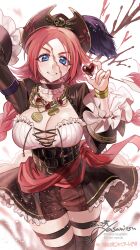 1girl alternate_costume alternate_hairstyle arm_behind_head artist_name asamitsu_(n_morninglight) blue_eyes blush bracelet braid breasts brown_shorts center_opening choker cleavage commentary english_text fate/grand_order fate_(series) francis_drake_(fate) gold_bracelet gold_necklace grin hat heart heart_in_eye highres holding holding_heart jewelry large_breasts long_hair looking_at_viewer necklace pink_hair pirate pirate_hat scar scar_on_face shorts skull smile solo symbol_in_eye twin_braids valentine white_background