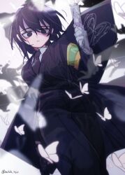 Rule 34 | 1boy, animal print, armband, bags under eyes, black butterfly, black coat, black eyes, black hair, black suit, bug, butterfly, coat, coffin, collared shirt, e.g.o (project moon), formal clothes, gloves, green armband, gun, highres, holding, holding gun, holding weapon, insect, light frown, limbus company, long sleeves, male focus, necktie, pmchell 04, project moon, shirt, short hair, solemn lament (e.g.o), solo, suit, too many, too many butterflies, weapon, white butterfly, white gloves, white shirt, yi sang (project moon)