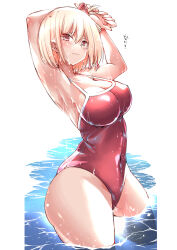 1girl arms_up breasts collarbone commentary_request hair_ornament highres lycoris_recoil nishikigi_chisato one-piece_swimsuit red_one-piece_swimsuit short_hair solo swimsuit tagme translation_request water yazawa_mana