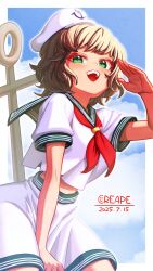 Rule 34 | 1girl, :d, anchor, anchor symbol, black hair, blue sky, border, cloud, creape, green eyes, hat, highres, midriff, murasa minamitsu, neckerchief, open mouth, outside border, red neckerchief, shirt, short hair, short sleeves, shorts, sky, smile, solo, touhou, white border, white hat, white shirt, white shorts