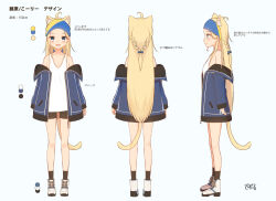 1girl :d ahoge animal_ear_fluff animal_ears bare_shoulders bike_shorts black_shorts black_socks blonde_hair blue_background blue_bow blue_eyes blue_jacket blush bow braid collarbone color_guide coreytaiyo dated forehead hair_bow highres jacket long_hair multiple_views off_shoulder open_clothes open_jacket open_mouth original shoes short_shorts shorts signature simple_background smile socks tail tank_top translation_request turnaround very_long_hair white_footwear white_tank_top