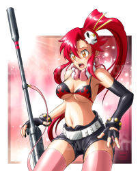 1girl 2010 artist_name belt black_gloves black_shorts border breasts commentary english_commentary enricogalli flame_print gloves gun hair_ornament holding holding_gun holding_weapon long_hair medium_breasts navel open_mouth orange_eyes outside_border partially_fingerless_gloves pink_lips pink_thighhighs red_hair rifle shorts skull_hair_ornament sniper_rifle solo surprised tengen_toppa_gurren_lagann thighhighs very_long_hair watermark weapon white_belt white_border yoko_littner