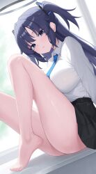 1girl absurdres barefoot black_skirt blue_archive blue_necktie breasts closed_mouth collared_shirt feet halo highres knees_up large_breasts long_hair long_sleeves looking_at_viewer mechanical_halo miniskirt necktie pleated_skirt purple_eyes purple_hair sei_(0724sei6) shirt sitting skirt solo thighs toes two_side_up white_shirt yuuka_(blue_archive)