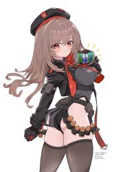 1girl absurdres arm_pouch ass bad_anatomy belt belt_pouch beret black_thighhighs breasts brown_hair can commentary_request cropped_jacket goddess_of_victory:_nikke hair_between_eyes hat highres holding holding_can jacket kunikuni_(kunihiro2005) looking_at_viewer medium_breasts multicolored_jacket necktie pouch rapi_(nikke) red_eyes red_necktie soda solo swept_bangs thighhighs two-tone_gloves two-tone_hat two-tone_jacket white_background