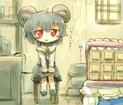1girl animal_ears ayuki_(47881314) blush commentary_request cookie_(touhou) full_body grey_hair grey_shoes grey_skirt grey_vest indoors long_sleeves looking_at_viewer mouse_ears mouse_girl mouse_tail nazrin nyon_(cookie) open_mouth red_eyes shirt shoes short_hair skirt skirt_set smile socks solo tail touhou vest white_shirt white_socks window