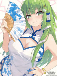 1girl :3 alternate_costume bare_shoulders breasts china_dress chinese_clothes cleavage dress floral_print frog_hair_ornament green_eyes grey_hair hair_ornament hair_tubes hand_fan hand_on_own_hip highres holding holding_fan kochiya_sanae large_breasts long_hair mikan923 petal_print single_hair_tube smile snake_hair_ornament solo touhou upper_body watermark