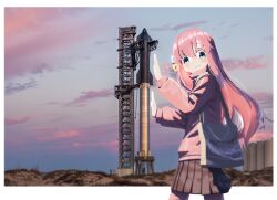 1girl bag black_skirt blue_eyes bocchi_the_rock! border commentary cowboy_shot cube_hair_ornament english_commentary gotoh_hitori grey_bag hair_ornament hands_up highres jacket long_hair looking_at_viewer myvia_mokols one_side_up outside_border photo_background pink_hair pink_jacket pink_track_suit pleated_skirt rocket shoulder_bag side_ahoge skirt smile solo spacex spacex_starship track_jacket track_suit white_border