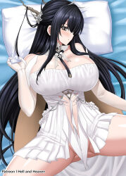 Rule 34 | 1girl, azur lane, bare shoulders, black hair, breasts, character name, cleavage, dress, elbow gloves, gloves, grey eyes, hair on horn, hellandheaven, highres, huge breasts, indomitable (azur lane), long hair, lying, on back, on bed, pillow, short dress, solo, spread legs, very long hair, white dress, white gloves