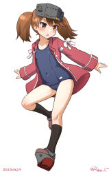 Rule 34 | 1girl, black socks, blue one-piece swimsuit, brown eyes, brown hair, covered navel, japanese clothes, kantai collection, kariginu, long hair, looking back, old school swimsuit, one-hour drawing challenge, one-piece swimsuit, open clothes, open shirt, platform shoes, ray.s, red shirt, ryuujou (kancolle), school swimsuit, shirt, simple background, socks, solo, swimsuit, swimsuit under clothes, twintails, visor cap, white background