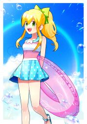 1girl bare_shoulders blonde_hair blue_skirt cowboy_shot green_eyes high_ponytail highres long_hair mega_man_(character) mega_man_(series) mega_man_x_(series) mega_man_x_dive official_alternate_costume ponytail rainbow rikka_(user_hruv2435) roll_(mega_man) skirt solo swim_ring water_drop