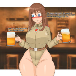 1girl adapted_costume alatir alcohol beer blue_eyes blush border breasts brown_hair brown_leotard cowboy_shot cup embarrassed english_text eyelashes female_focus hands_up highleg highleg_leotard large_breasts leotard long_hair long_sleeves looking_afar looking_to_the_side military_uniform mug photo_background solo standing viktoriya_ivanovna_serebryakov w_arms white_border wide_hips youjo_senki
