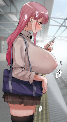 1girl absurdres asymmetrical_legwear bag black_thighhighs blouse blue_bag blurry blurry_background blush breasts brown_skirt cellphone collared_shirt commentary_request covered_erect_nipples cowboy_shot earrings gradient_hair highres holding holding_phone huge_breasts jewelry long_hair looking_at_phone miniskirt multicolored_hair original phone pink_hair plaid_clothes plaid_skirt pleated_skirt profile ricochet-gou school_bag school_uniform shirt shoulder_bag skirt smartphone solo speech_bubble standing thighhighs thighs train_station translation_request white_shirt white_thighhighs wing_collar wireless_earphones