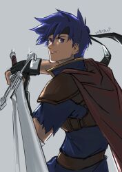 1boy blue_eyes blue_hair cape commentary_request fire_emblem fire_emblem:_path_of_radiance grey_background headband highres holding holding_sword holding_weapon ike_(fire_emblem) male_focus nintendo short_hair solo studio_sugimoto sword weapon