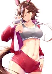 1girl absurdres animal_ears breasts brown_eyes brown_hair buruma buruma_pull canteen clothes_pull collarbone commentary cowboy_shot ear_ornament english_commentary grey_sports_bra groin hair_between_eyes hair_over_one_eye highres holding_canteen horse_ears horse_girl horse_tail jacket long_hair long_sleeves looking_at_viewer low_ponytail medium_breasts midriff multicolored_hair navel off_shoulder open_clothes open_jacket oukei parted_lips ponytail red_buruma red_jacket sidelocks signature single_bare_shoulder smile solo sports_bra standing sweat tail tracen_training_uniform track_jacket umamusume vodka_(umamusume) white_hair