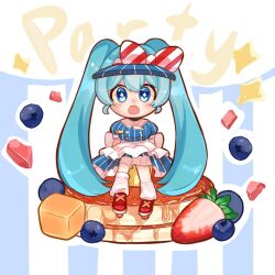 1girl alternate_costume apron back_bow black_choker blue_background blue_dress blue_eyes blue_hair blue_hat blueberry blush bow butter buttons chibi chibi_only choker diagonal-striped_bow double-breasted dress english_text food fruit full_body hat hat_bow hatsune_miku highres kneehighs long_hair looking_at_viewer mesmerizer_(vocaloid) nemu_kasoke open_mouth pancake pinstripe_dress pinstripe_pattern red_bow sailor_collar sitting_on_food skates socks solo star-shaped_pupils star_(symbol) straight-on strawberry striped_background striped_bow symbol-shaped_pupils syrup twintails two-tone_bow very_long_hair visor_cap vocaloid waist_apron white_apron white_background white_bow white_sailor_collar white_socks