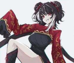 Rule 34 | 1girl, black dress, black hair, black shoes, breasts, chinese clothes, double bun, dress, frostfiresoul, hair bun, highres, jia xichun (project moon), limbus company, long hair, long sleeves, looking at viewer, multicolored hair, pink eyes, project moon, red shrug, shoes, simple background, smile, solo, streaked hair, twintails, upper body, white background