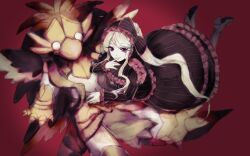 1boy 1girl black_dress colored_skin dress gothic_lolita horocca lolita_fashion long_hair looking_at_viewer overlord_(maruyama) peroroncino ponytail red_eyes shalltear_bloodfallen white_hair white_skin
