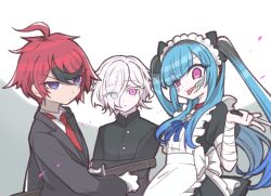 Rule 34 | 1girl, 2boys, alternate costume, amemiya darumi, bandaged arm, bandages, black bow, black dress, black hair, black jacket, blue eyes, blue hair, bow, chiyo408, commentary request, dress, gloves, hair bow, hair over one eye, holding, holding knife, holding sword, holding weapon, jacket, knife, long hair, looking at viewer, maid, maid headdress, makeup, multicolored hair, multiple boys, pink eyes, red hair, shion (hundred line), short sleeves, simple background, sumino takumi, sword, the hundred line -last defense academy-, tongue, tongue out, twintails, weapon, white gloves, white hair